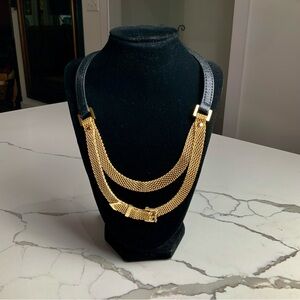 BCBGMAXAZRIA black leather and gold-tone mesh statement necklace